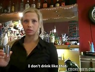 Fellow treated female bartender from Czech Republic with vodka and paid for sex in toilet
