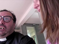 Playful girl showed her teenage goodies to surprised priest and he decided to sin
