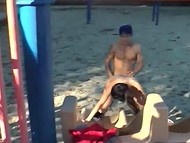 Guys brought naked girls on the playground and nailed their pussies after a short walk in the park