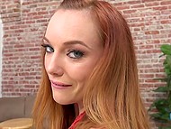 Slut rubs her little pussy against erect phallus and leads it to cumshot with hands
