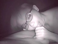 Asian with glasses tore herself away from cock hardly and spread legs in front of swain with camera