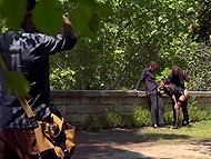 Lass sucked men's cocks in broad daylight and came to a fountain to take some pictures