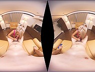 Courteous Japanese blonde kneels to suck lover's cock using her gentle mouth
