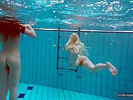 Young teens have great time in pool and show off their wonderful holes underwater