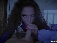 Woman is sleeping while Latina stepdaughter is giving her husband blowjob under the blanket