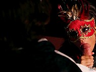 Guy in white mask and mysterious Latina girl turn each other on by blowjob and cunnilingus before sex