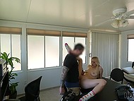 Blue-eyed blonde needs a loan and office employee will give it to her in exchange for fuck