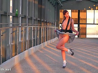 Men aren't around so Russian pervert Jeny Smith can flash pussy in public places