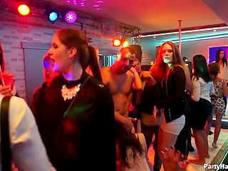 Lucky bitches get pussies drilled by strippers while other party-goers keep dancing in nightclub