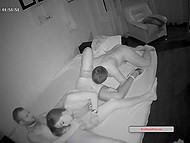 Slut in stockings has sex with two guys, hiding from her the fact of having a hidden camera